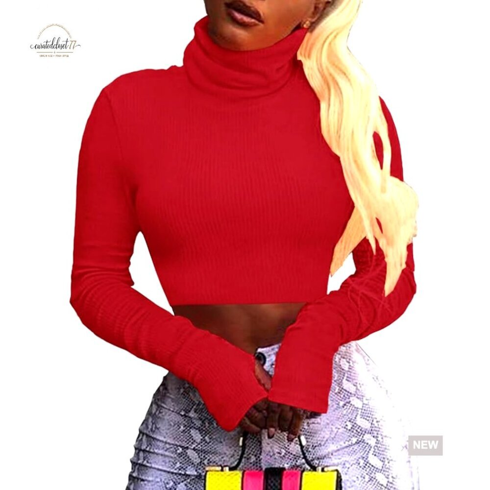 Long Sleeve Turtleneck Crop Top Ribbed Pullover Sweater Slim Fit